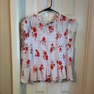 Ann Taylor Red and White Ruffled Blouse with Cap Sleeves